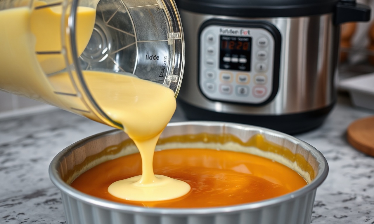 Pudim De Leite Na Panela De Pressão: Cremoso E Sem Bolhas 5 Despejando a mistura cremosa sobre a calda caramelizada endurecida na forma.
