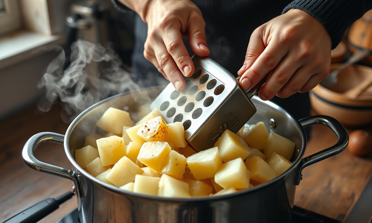 Batatas sendo amassadas com espremedor ainda quentes na panela