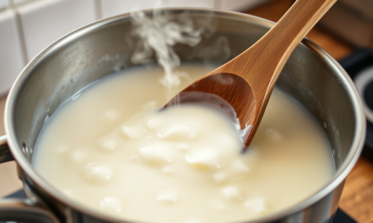 Queijo Caseiro Fácil Em 40 Minutos Com 4 Ingredientes 5 O momento em que a coalhada se forma no leite quente, sendo mexida suavemente.