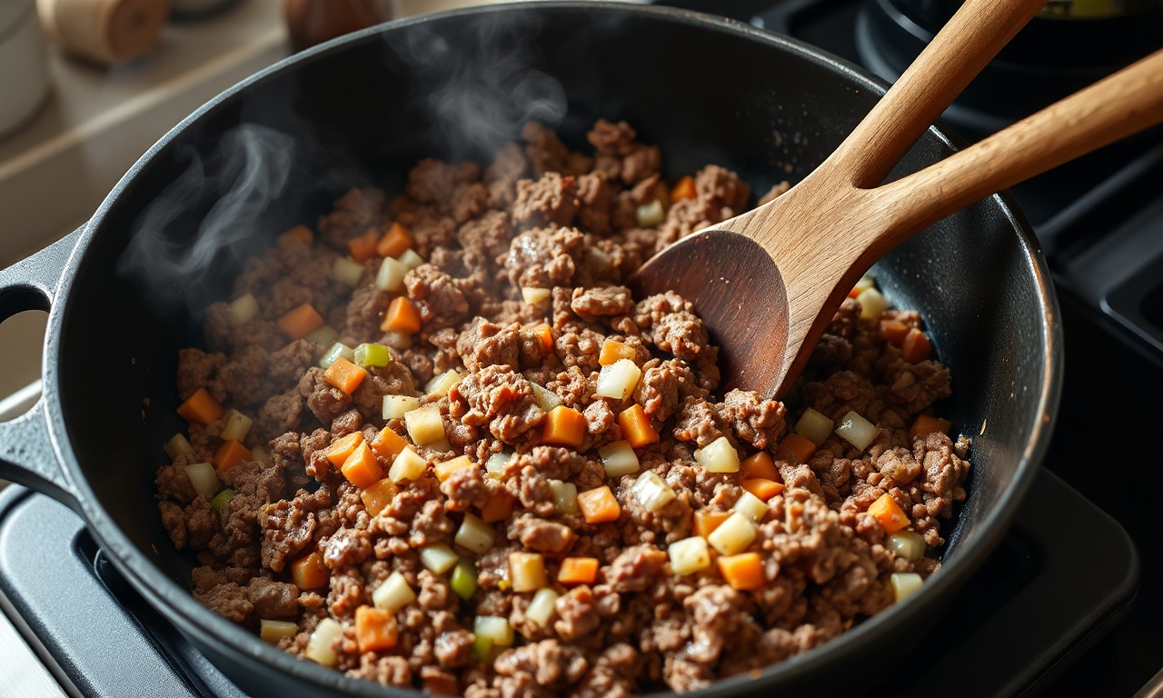 O momento em que a carne moída é dourada com os vegetais no refogado.