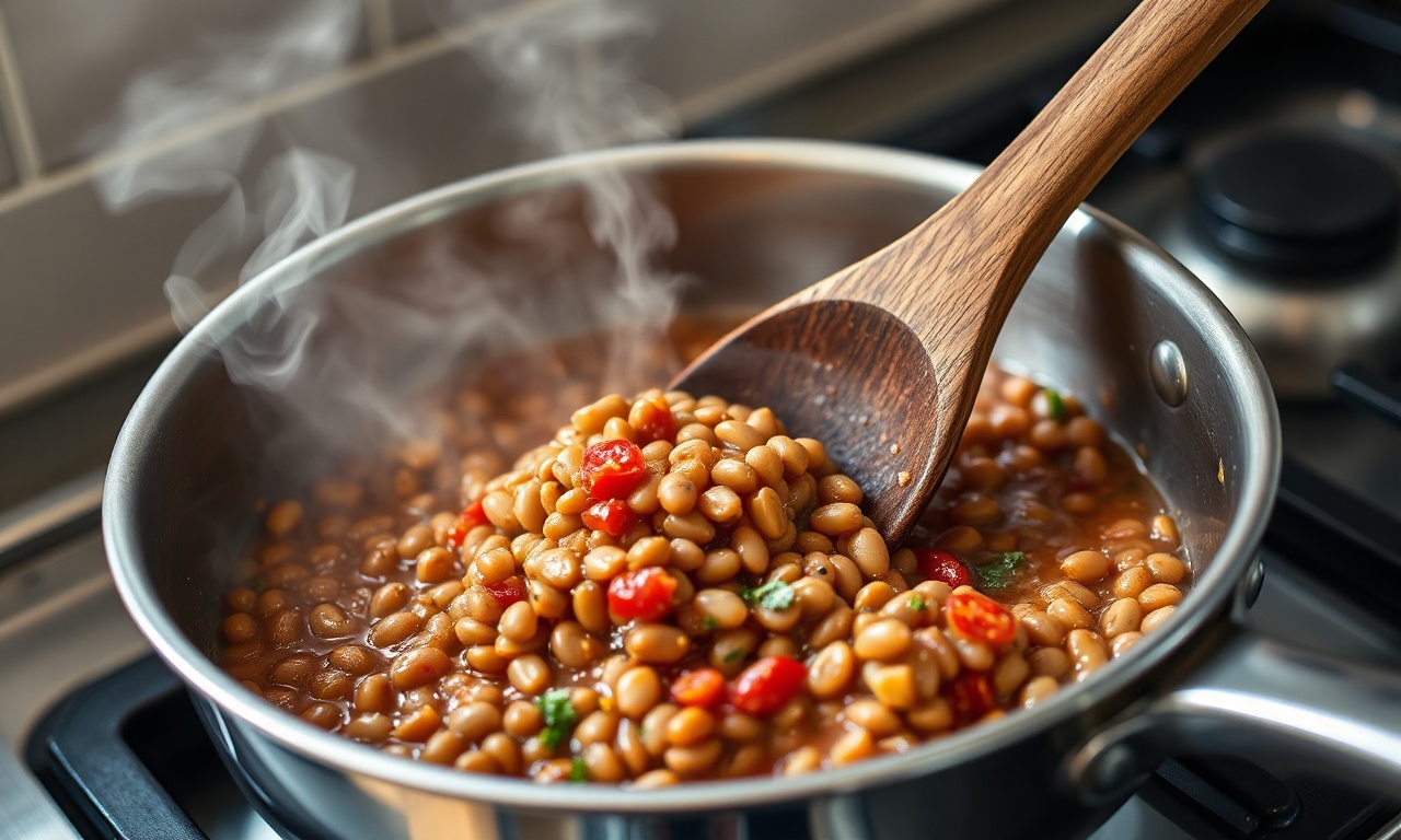 Tomate Recheado Com Lentilhas: Vegano, Saudável E Saboroso 5 O recheio de lentilhas sendo refogado na panela com a polpa do tomate.