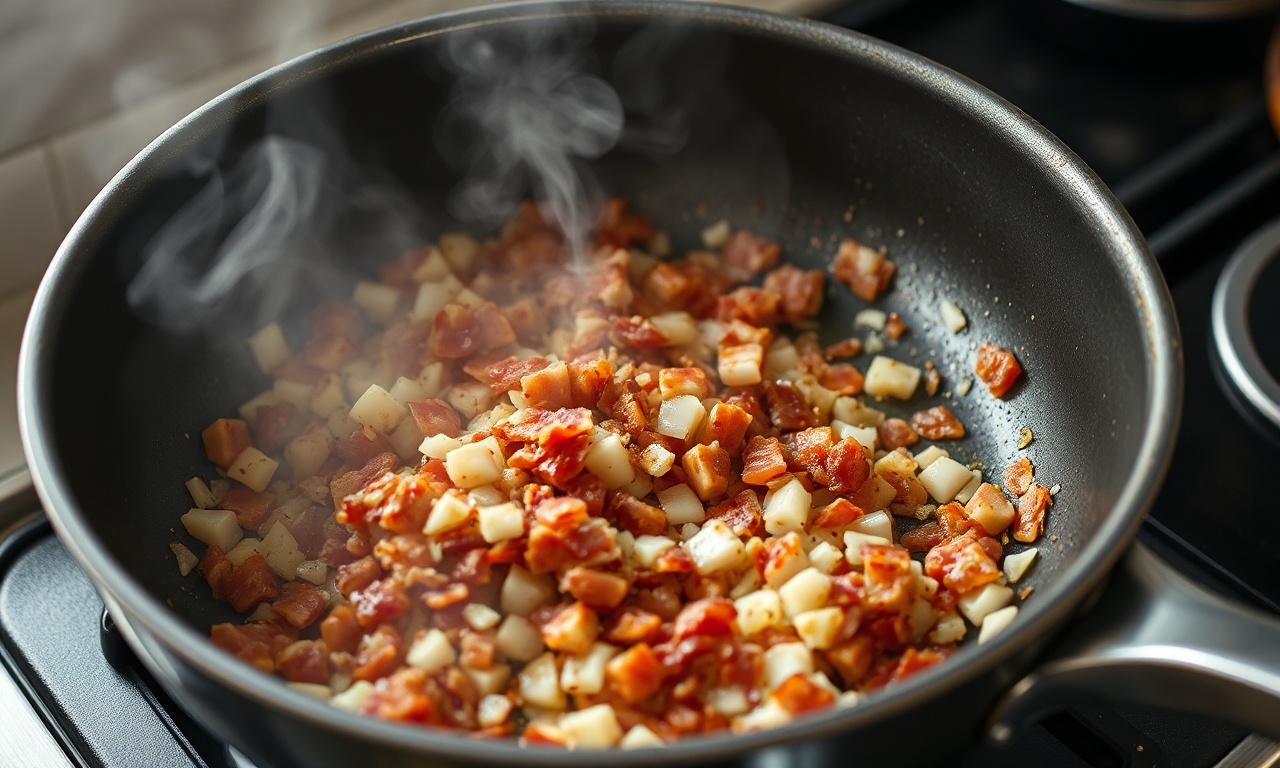 O momento em que o bacon é refogado com cebola e alho na panela, formando a base aromática do prato.