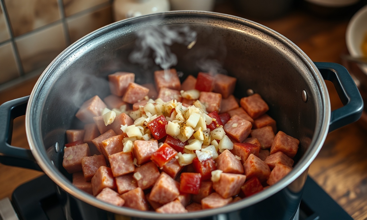 Feijão Encorpado De Panela De Pressão: Caldo Grosso E Saboroso 5 Bacon e linguiça sendo dourados na panela, com cebola e alho adicionados.