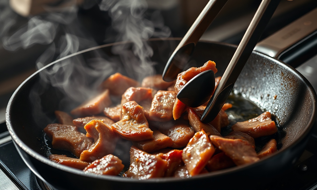 O momento de selar as tiras de carne em fogo alto na panela.