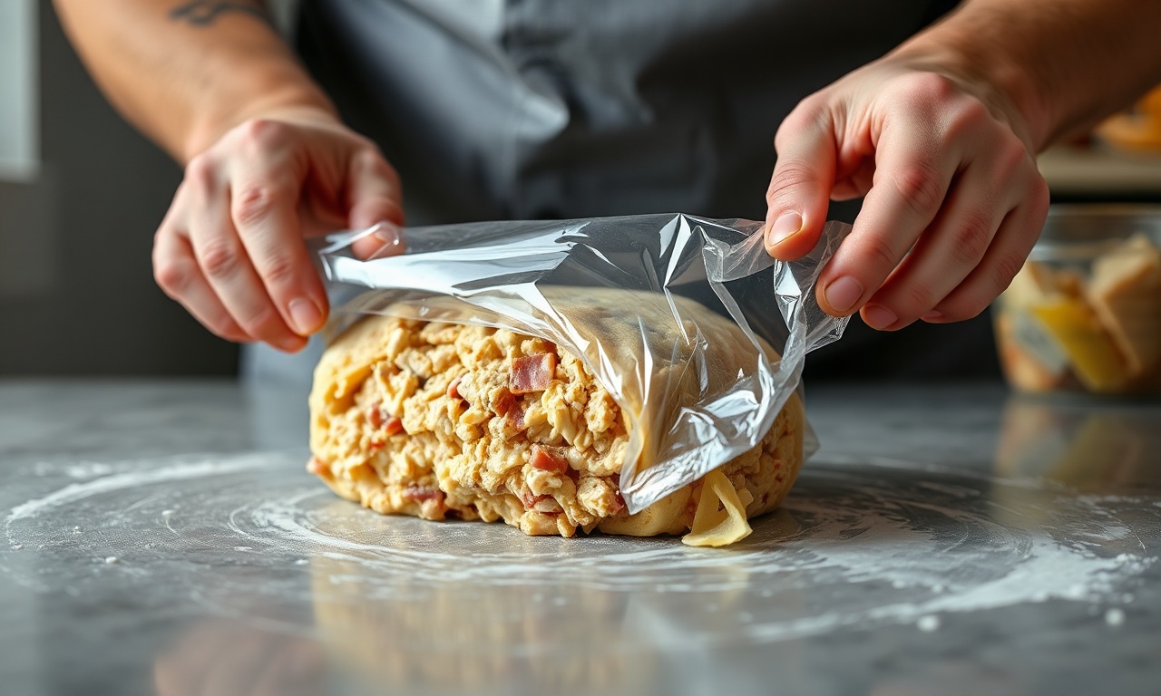 Rocambole De Frango Macio E Crocante: Receita Com Vapor 5 Enrolando o frango com o recheio usando filme plástico