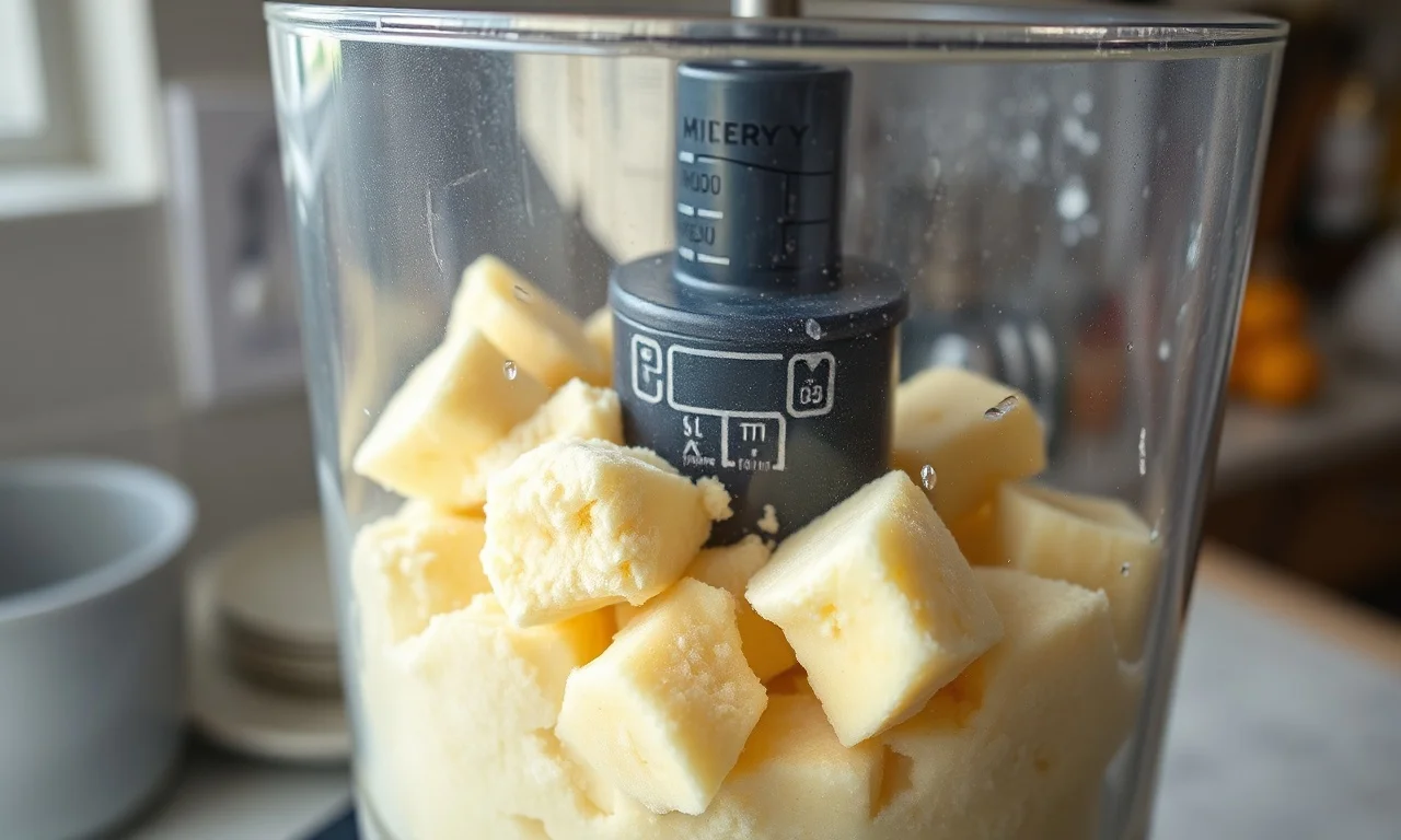 Banana congelada sendo batida no processador de alimentos até virar creme.