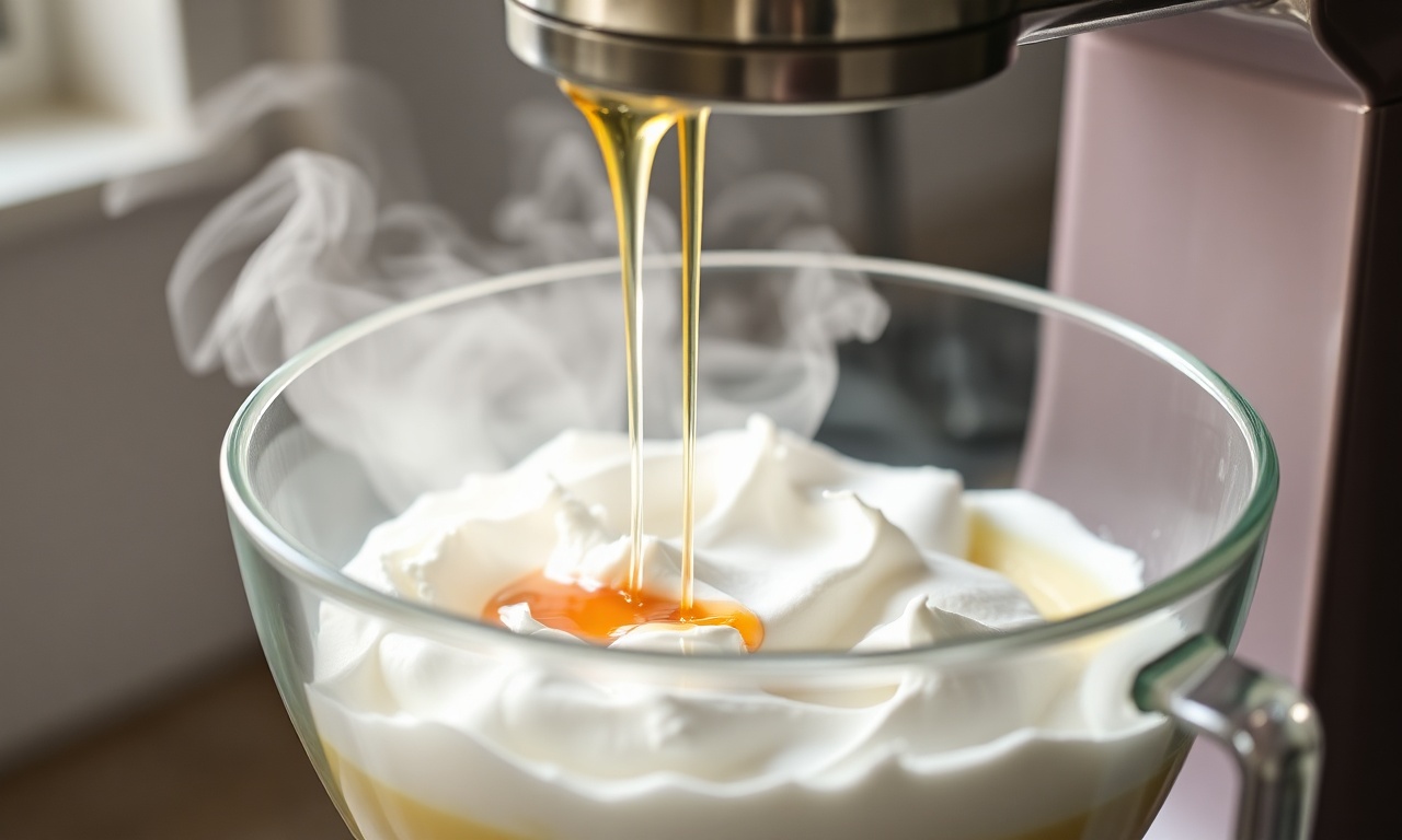 Despejando o xarope de açúcar quente nas claras em neve para fazer a meringue italiana.