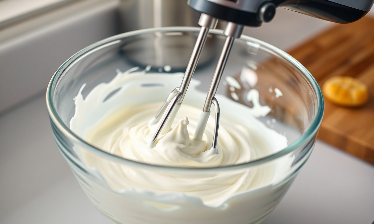 Batedeira elétrica batendo o creme de leite até o ponto de chantilly em uma tigela de vidro.