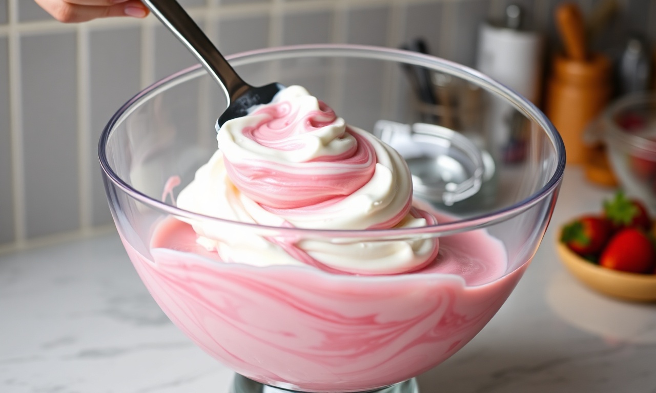 Incorporando o creme batido ao purê de morango com movimentos suaves.