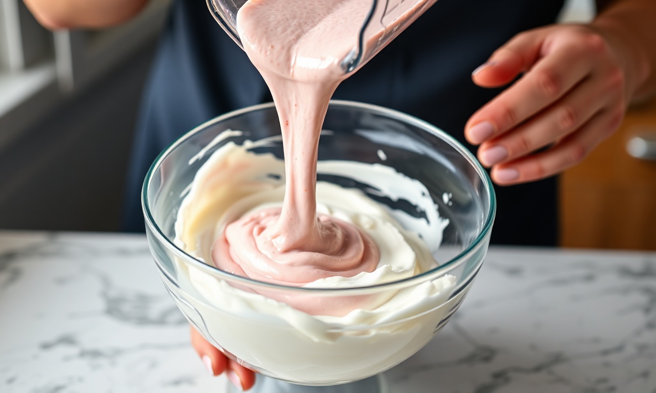 Mistura rosa sendo despejada sobre o creme de leite batido em uma tigela.