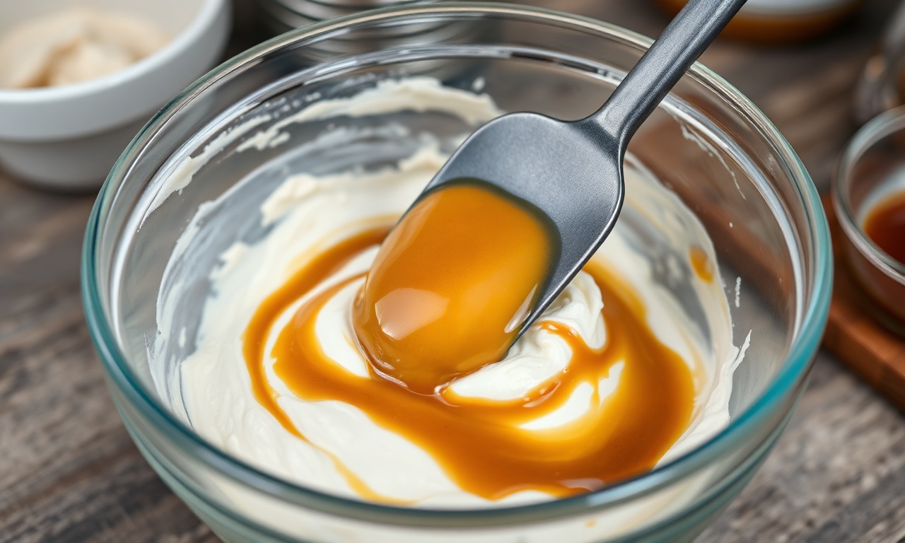 Incorporando o doce de leite ao creme batido com movimentos suaves.