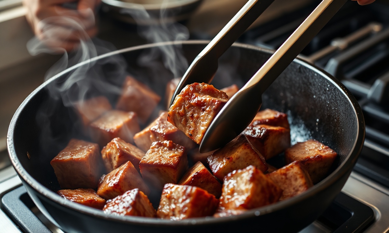 O momento da selagem da carne em uma panela quente, formando uma crosta dourada.