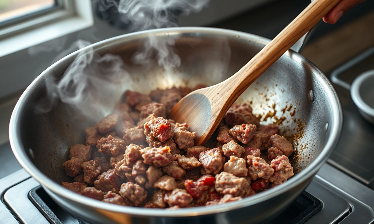 A etapa de selar a carne moída na panela para criar o fundo saboroso.