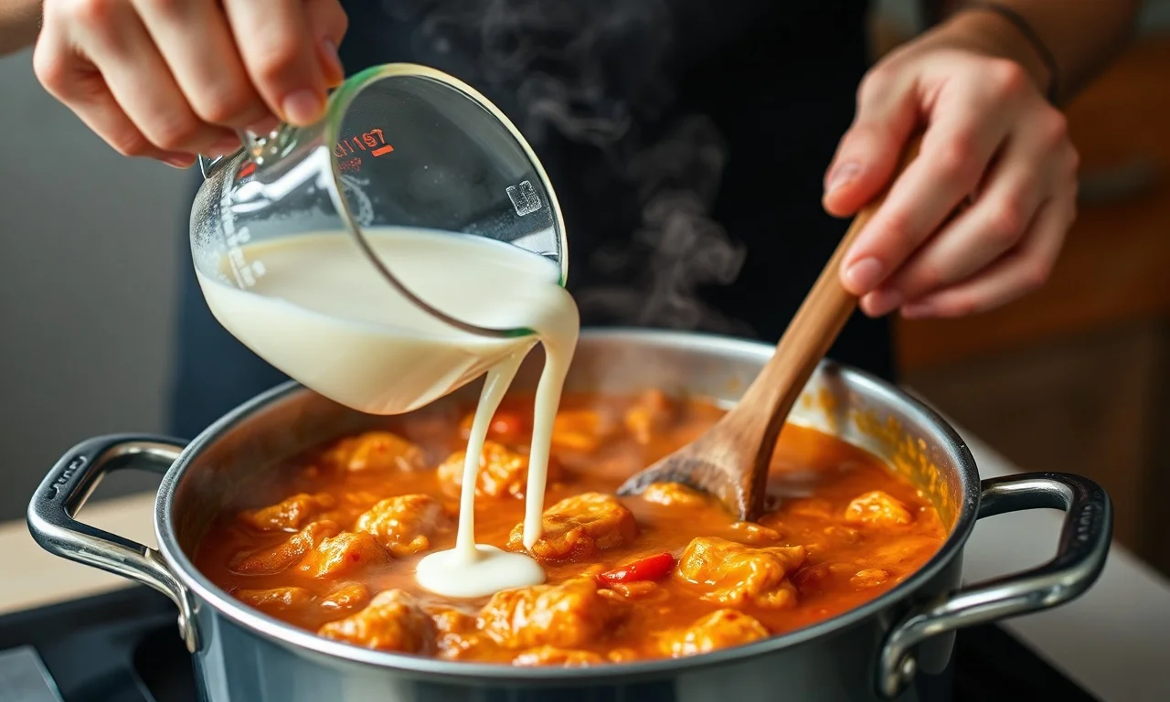 O momento de adicionar o creme de leite ao molho de tomate, mexendo em fogo baixo.