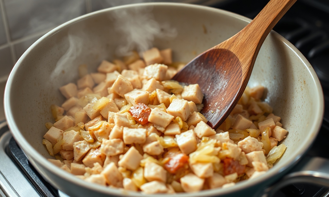 Refogando o frango com a cebola caramelizada na panela.