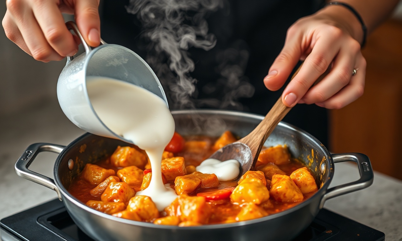 Incorporação do iogurte natural ao molho de tomate com frango