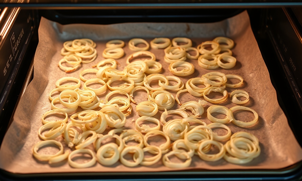 Fatias finas de alho e cebola secando em uma assadeira dentro do forno.
