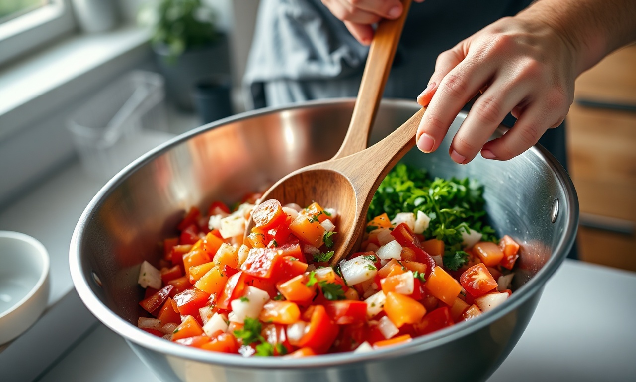 O momento de misturar os ingredientes picados em uma tigela grande.