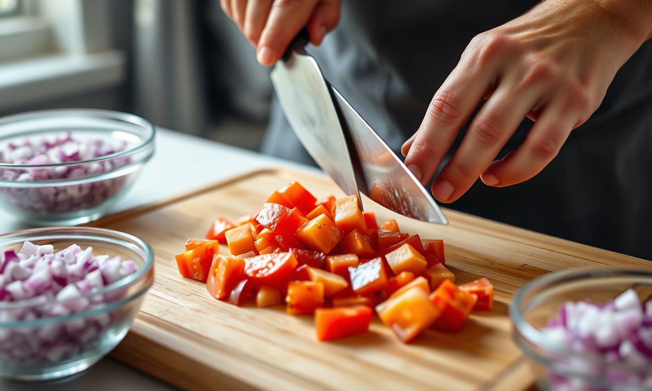 Picando o tomate descascado em cubos pequenos.