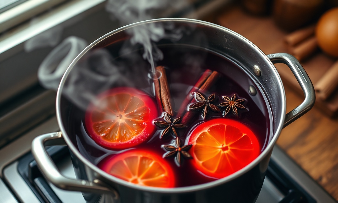 Panela grande com o vinho sendo aquecido, laranjas e especiarias flutuando, vapor subindo.