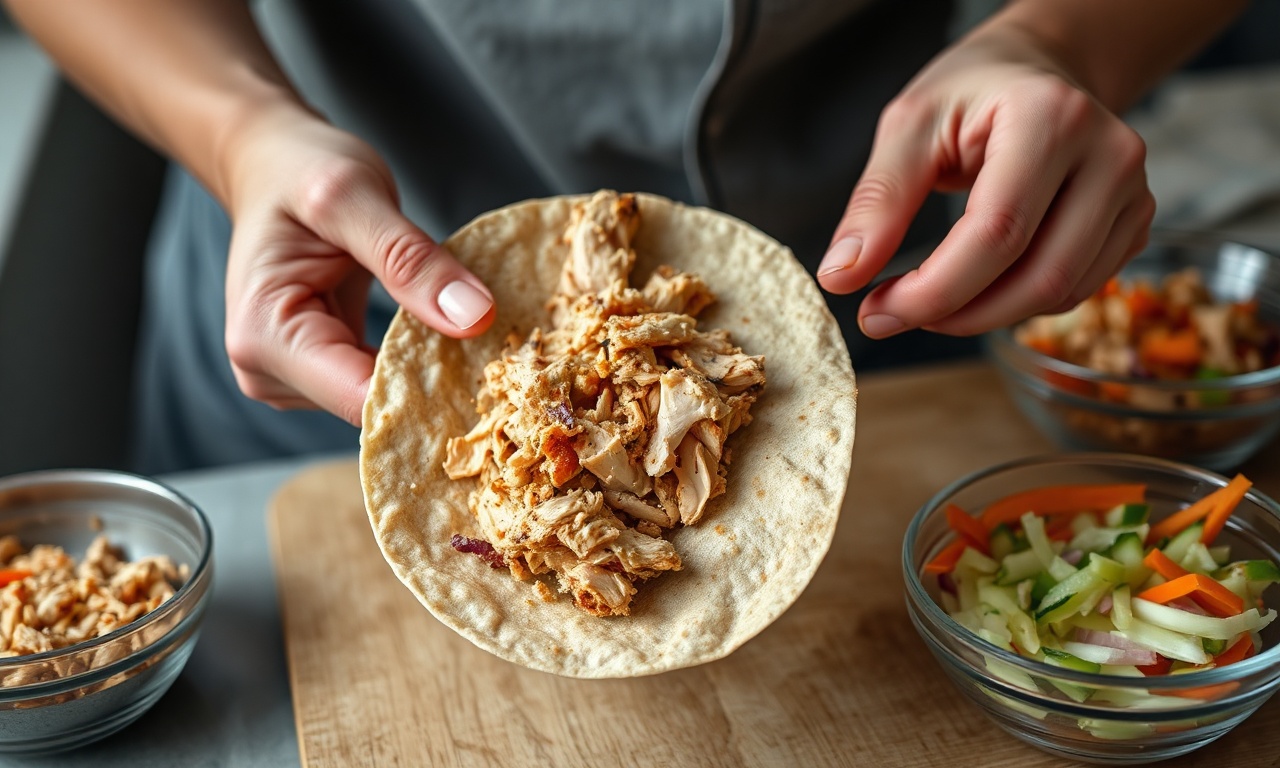 Wrap Fit De Frango: Fácil, Rápido E Com Apenas 9 Ingredientes 5 O momento de rechear e enrolar a tortilha com o frango e os legumes.
