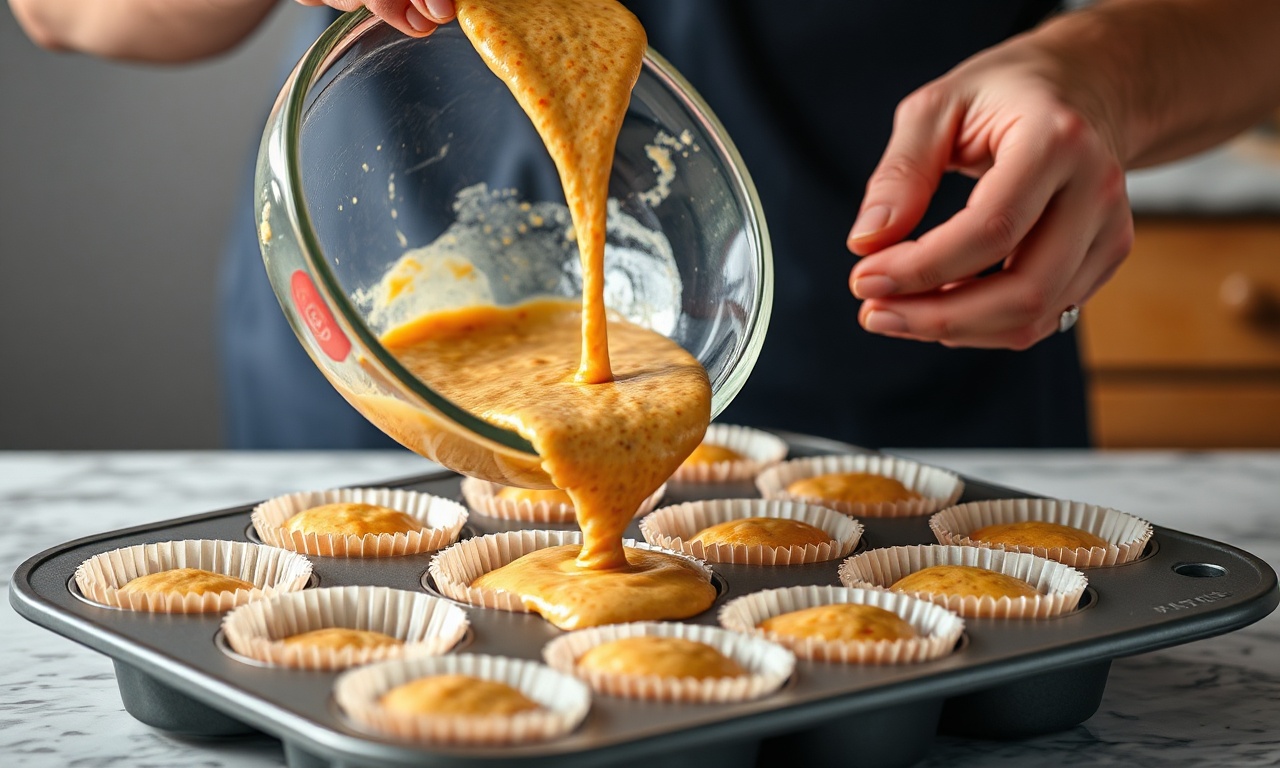 Despejando a massa perfumada nas forminhas de muffin.