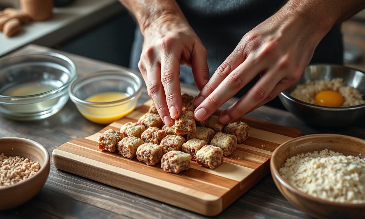 Croquete De Carne Moída Crocante E Fofinho: Receita Fácil Em 40 Min 5 Mãos modelando a massa de carne e passando os croquetes na farinha de rosca.
