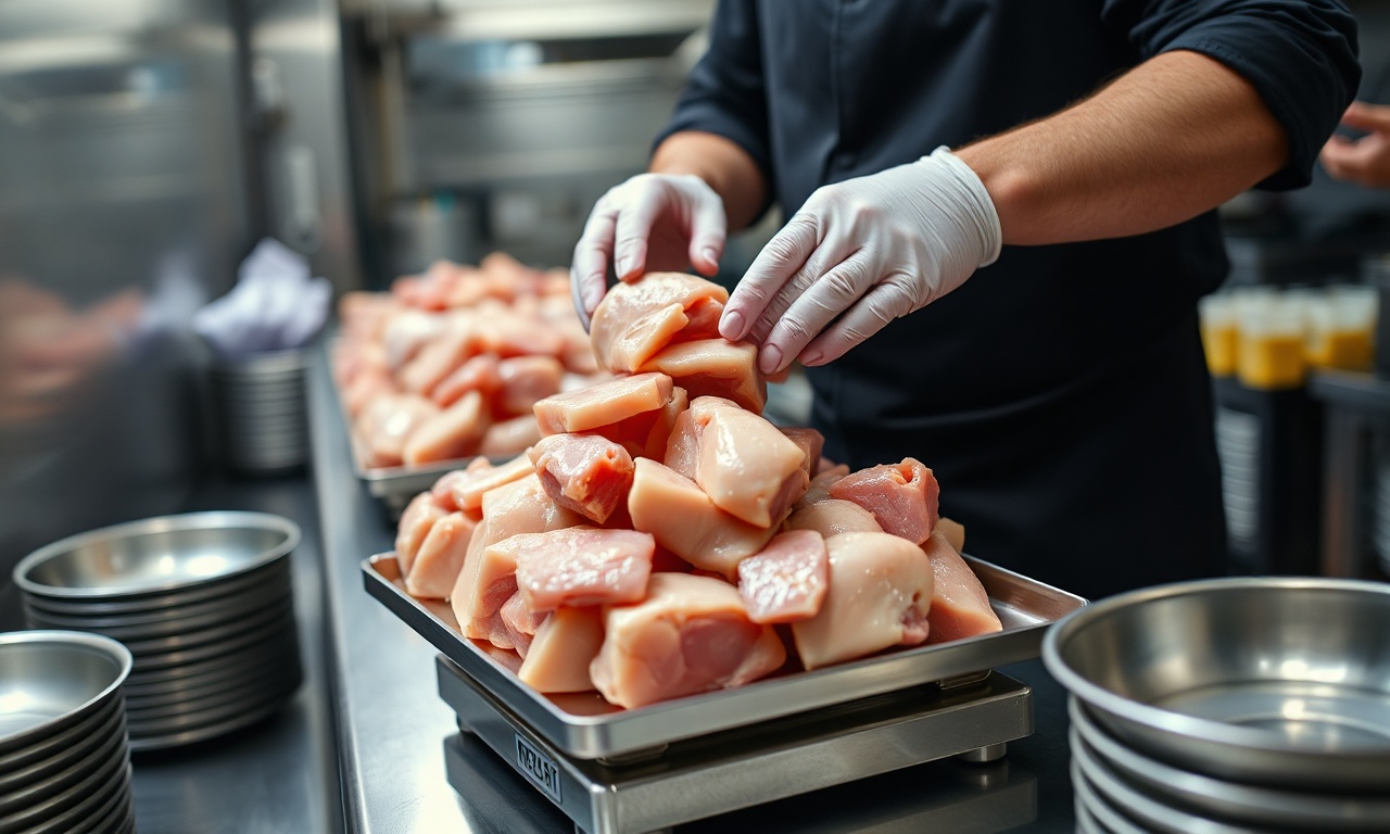 Mãos de um cozinheiro profissional pesando grandes quantidades de frango em uma balança industrial para planejamento de evento.