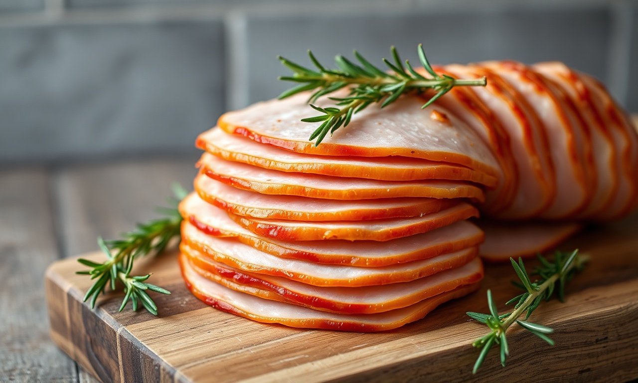 Presunto De Frango Caseiro: Receita Saudável E Fatiável 3 Fatias finas e suculentas de presunto artesanal dispostas em uma tábua rústica