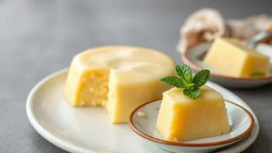 Pudim cremoso e dourado, fatiado em prato branco, com textura aveludada.