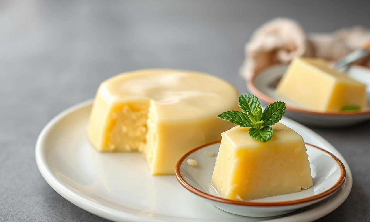 Pudim cremoso e dourado, fatiado em prato branco, com textura aveludada.