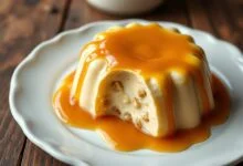 Pudim desenformado em prato branco, com calda de caramelo dourado escorrendo pelas laterais e textura cremosa com pedaços de paçoca visíveis.