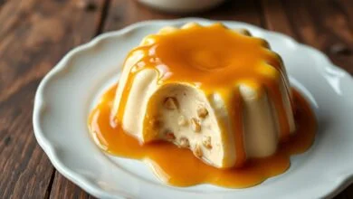 Pudim desenformado em prato branco, com calda de caramelo dourado escorrendo pelas laterais e textura cremosa com pedaços de paçoca visíveis.
