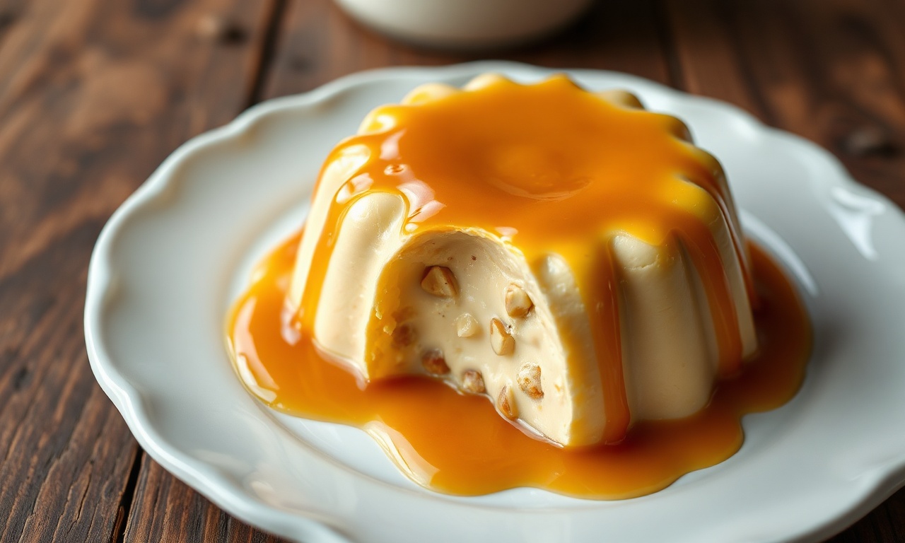 Pudim desenformado em prato branco, com calda de caramelo dourado escorrendo pelas laterais e textura cremosa com pedaços de paçoca visíveis.