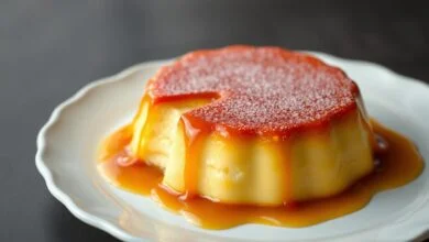 Pudim inteiro desenformado banhado com calda de caramelo brilhante