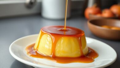Pudim desenformado com calda de caramelo âmbar brilhante e textura lisinha