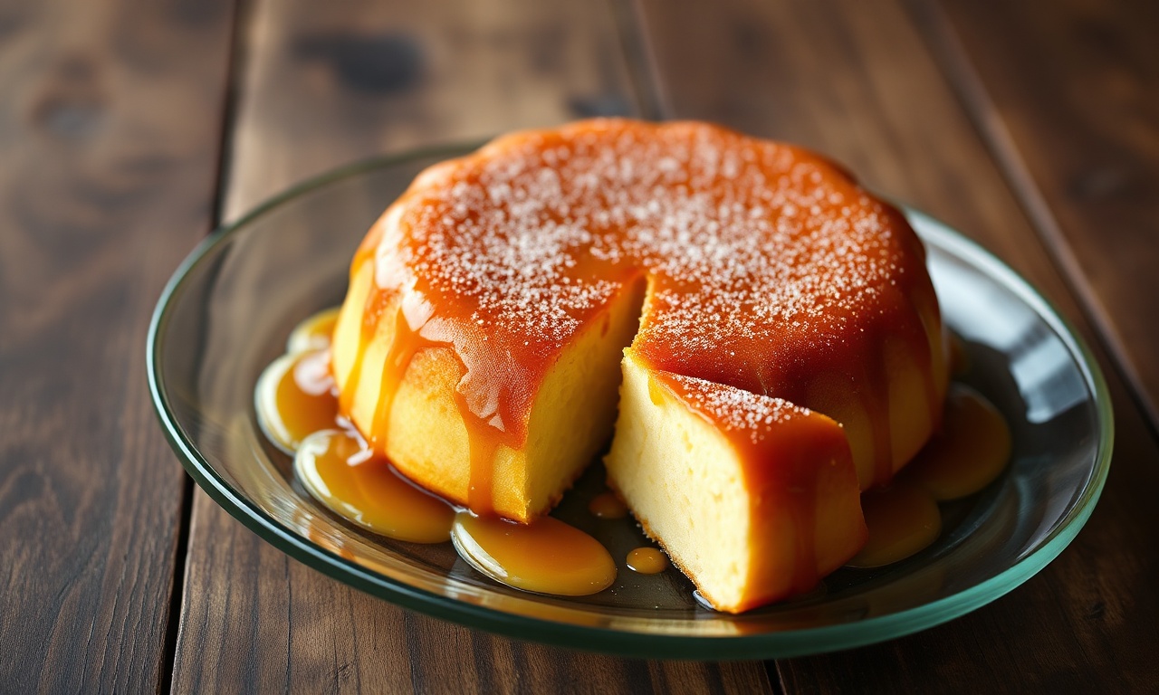 O clássico pudim de leite desenformado, dourado e brilhante, com calda de caramelo escorrendo.