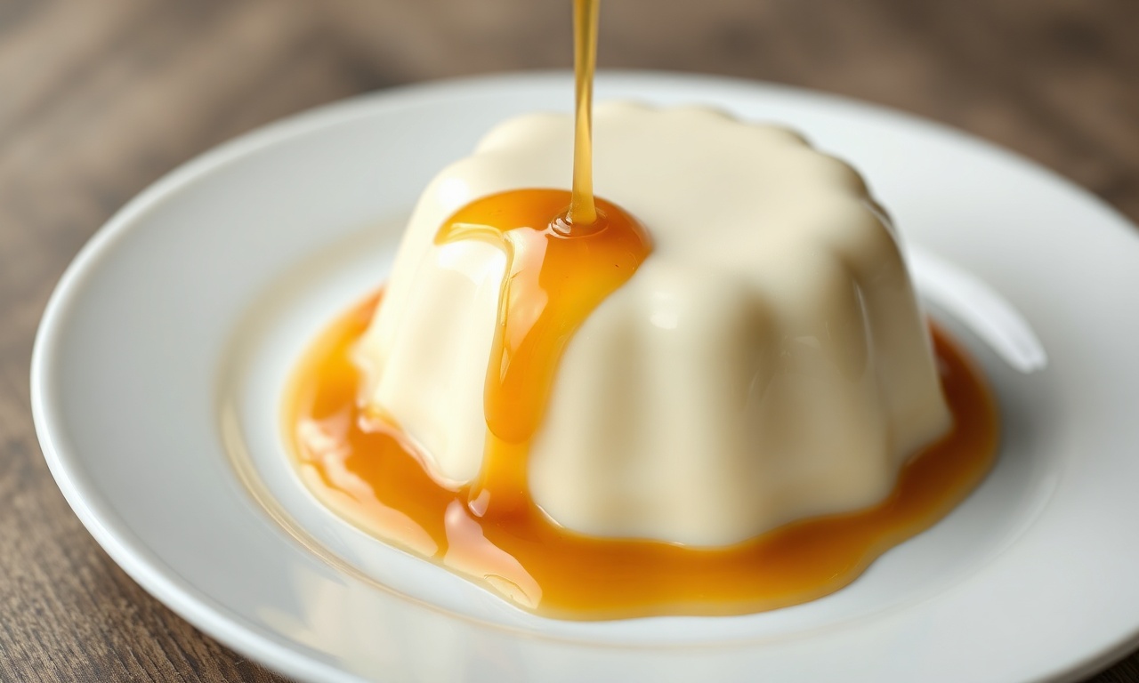 Pudim De Leite Ninho Sem Forno: Fácil E Perfeito Em 30 Min 3 Pudim de leite ninho desenformado em um prato branco, com calda de caramelo líquido dourado escorrendo pelas laterais, mostrando sua textura cremosa e firme.