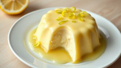 Pudim de limão firme, de cor amarelo-pálido brilhante, com calda cítrica escorrendo pelas laterais e raspas de limão como decoração, fatiado para mostrar a textura cremosa e homogênea.