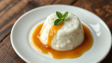 Pudim de tapioca dourado desenformado em prato branco, com calda de caramelo brilhante escorrendo pelas laterais, mostrando a textura cremosa do interior.
