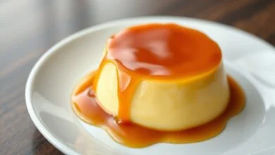Pudim cremoso com caramelo dourado, textura gelatinosa e sem furinhos, pronto para servir.