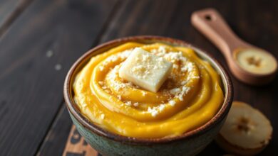 Um bowl de purê de banana da terra aveludado, dourado, com manteiga derretida e parmesão, pronto para servir.