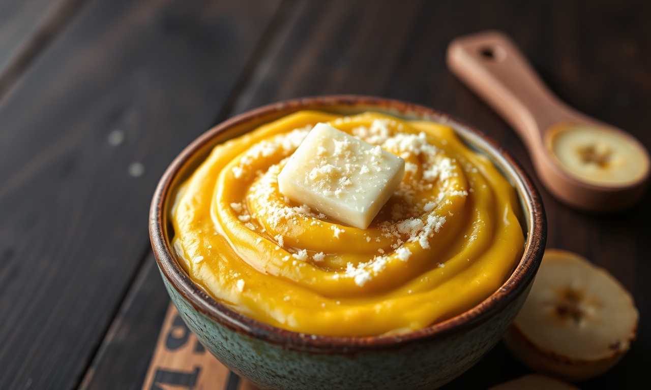 Um bowl de purê de banana da terra aveludado, dourado, com manteiga derretida e parmesão, pronto para servir.