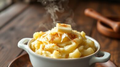 Tigela de purê de batata cremoso com fios de queijo muçarela derretido e pitada de noz-moscada