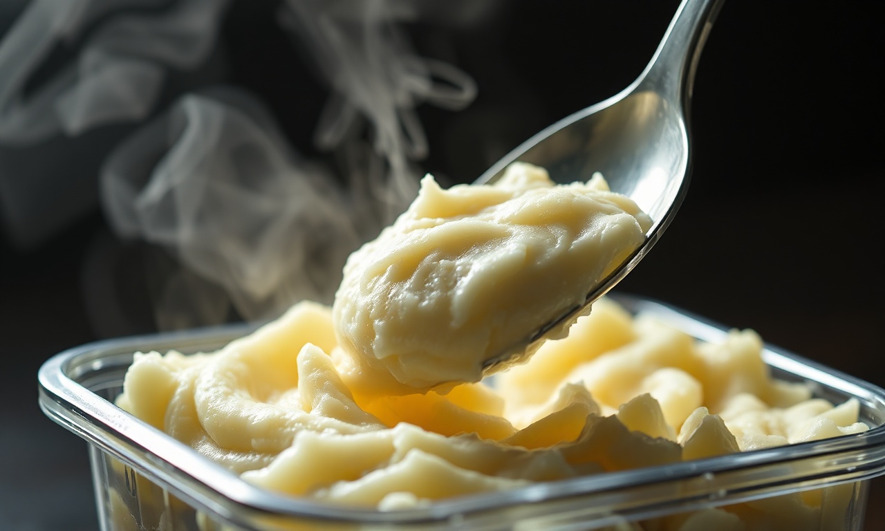 Close-up de porções de purê de batata cremoso em um pote, pronto para congelar.