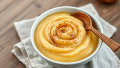 Tigela de purê de maçã dourado, cremoso e aveludado, com um toque de canela e uma colher de madeira ao lado.