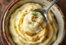 Um bowl rústico de purê de batata amarelo pálido, com uma textura aveludada e ondulada, finalizado com uma pitada de pimenta-do-reino preta moída na hora.