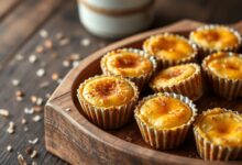 Uma travessa com queijadinhas douradas, com textura macia por dentro e crocante nas bordas, perfeitas para o café da tarde.