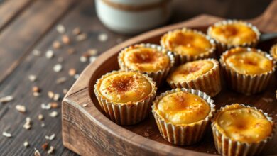 Uma travessa com queijadinhas douradas, com textura macia por dentro e crocante nas bordas, perfeitas para o café da tarde.