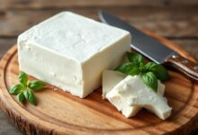 Um bloco de queijo caseiro branco, com a superfície lisa e uniforme, fatiado para revelar uma textura macia e homogênea. Servido sobre uma tábua de madeira rústica.